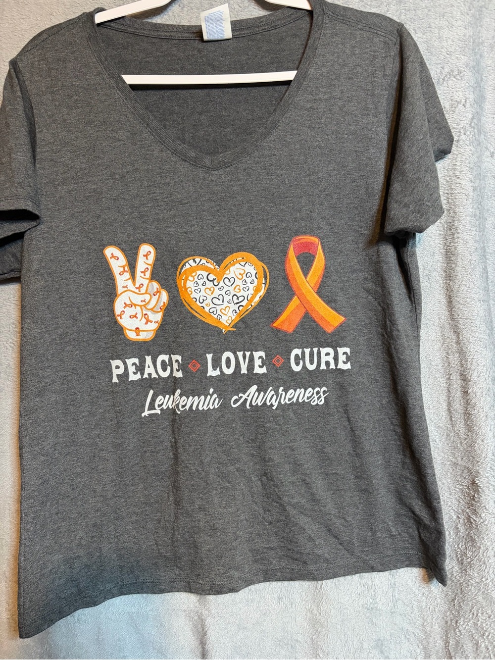 Leukemia Awareness Peace Love Cure Tee - Gray with Orange Accents